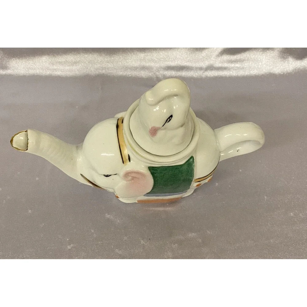 Elephant with Calf Hand Painted Figural Teapot - feng shui Good Luck Trunks Up